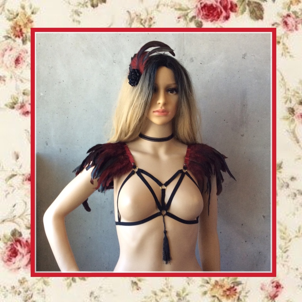 🍒 3PC: RED FEATHER BRA NECKLACE CLIP RAVE BOHO GYPSY LOS ANGELES FLOWER RAVE